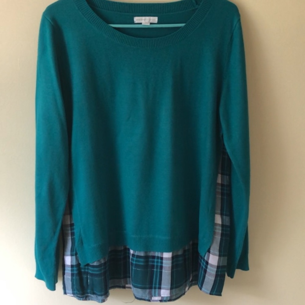 Turquoise Sweater/Shirt with Plaid Sew-In Frill